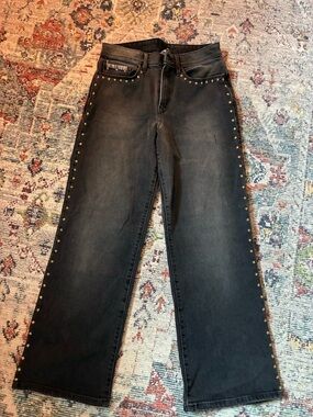 Porter Blue Black Wide Leg Jeans with Gold Star Stud Trim